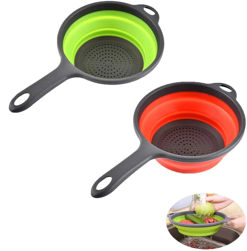 2 Pack Kitchen Foldable Silicone Strainer Colanders Collapsible Colanders with Handles Space-Saver Folding Strainer Colander for Draining Pasta Vegetable (Green and Red)