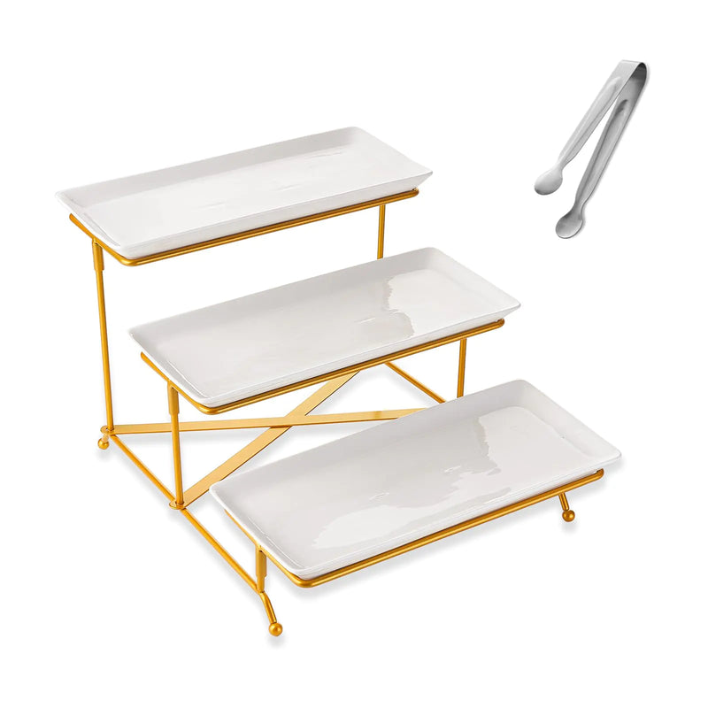 YOLIFE 3 Tier Serving Tray for Party Display Fruit Dessert Tiered Tray Stand 12 inch White Platters with Collapsible Sturdier Gold Iron Rack