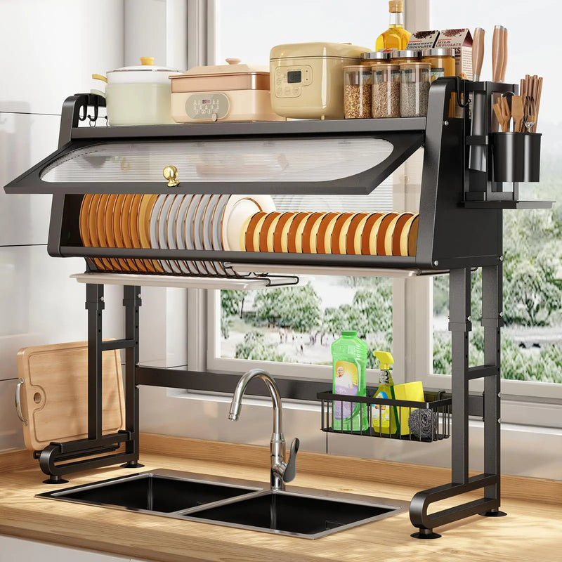 3-Tier Adjustable Over-the-Sink Dish Drying Rack – Black Metal Kitchen Counter Drainer (28.34–31.49")