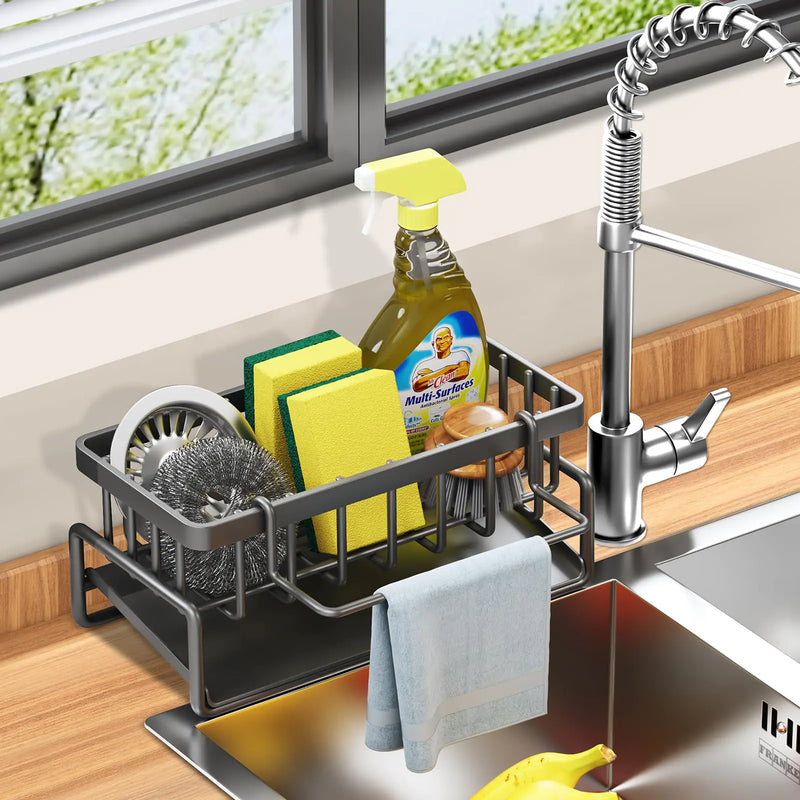 PETXPERT Sponge Holder for Kitchen Sink Self-Drainage Kitchen Sink Caddy Rustproof Steel Dish Sponge Organizer with Removable Dishcloth Rack Soap Dispenser Brush Holder Storage for Bathroom Black