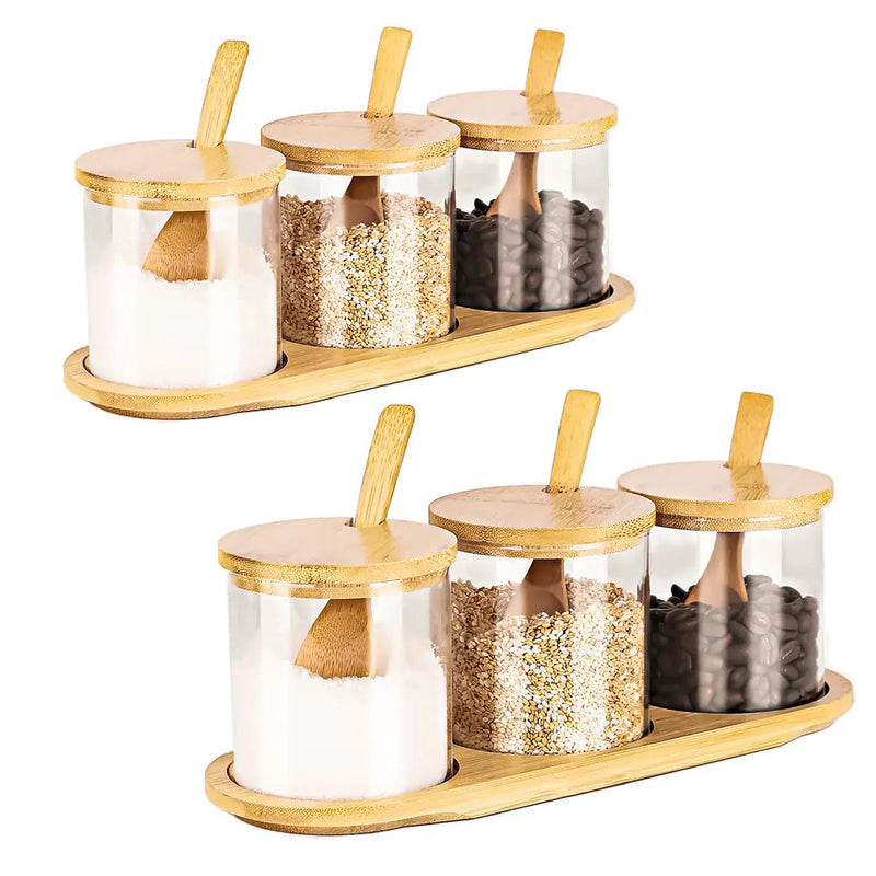 HONGCHU 6-Pack Condiment Containers with Lids & Spoons – Bamboo 2-Set for Salt, Sugar & Spices