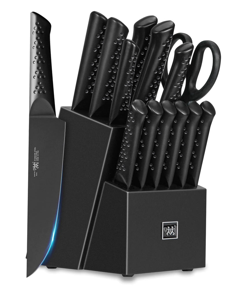 HUNTER.DUAL Knife Sets for Kitchen with Block HUNTER.DUAL 15 Piece Knife Set with Built-in Sharpener Dishwasher Safe German Stainless Steel Elegant Black