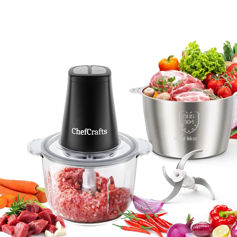 ChefCrafts Electric Food Processor with 2 Bowls(8 Cup +8 Cup) 2-Speed Food Chopper with Meat Grinder & Vegetable Chopper for Baby Food Meats Vegetable Fruits Grains and Nuts