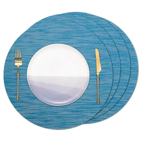 Banchif Round Placemats Set of 4 Heat Resistant Vinyl Placemats 15 inch Washable Non-Slip Table Mats Woven Place Mats for Dining Table (Blue Set of 4)