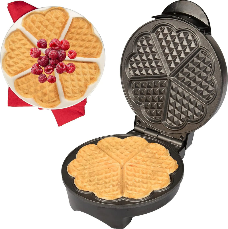Heart Waffle IronsWaffle Maker Non-Stick for Easy Cleanup 5-Slice Heart Waffle Sandwich Maker Breakfast MachineIndicator Lights Cool Touch Handle 1000W Heating Fast Silver & Black