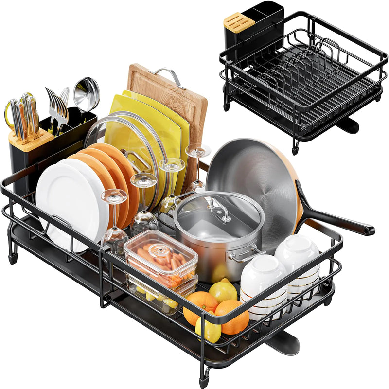 Urackify Expandable Dish Drying Rack for Kitchen Counter Large Extendable Dish Rack with Bamboo Cover Cutlery Holder Multifunctional Adjustable Dish Dryer Drainer