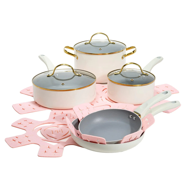 Paris Hilton Epic Nonstick Pots and Pans Set Multi-layer Nonstick Coating Tempered Glass Lids Soft Touch Stay Cool Handles Made without PFOA Dishwasher Safe Cookware Set 12-Piece Cream