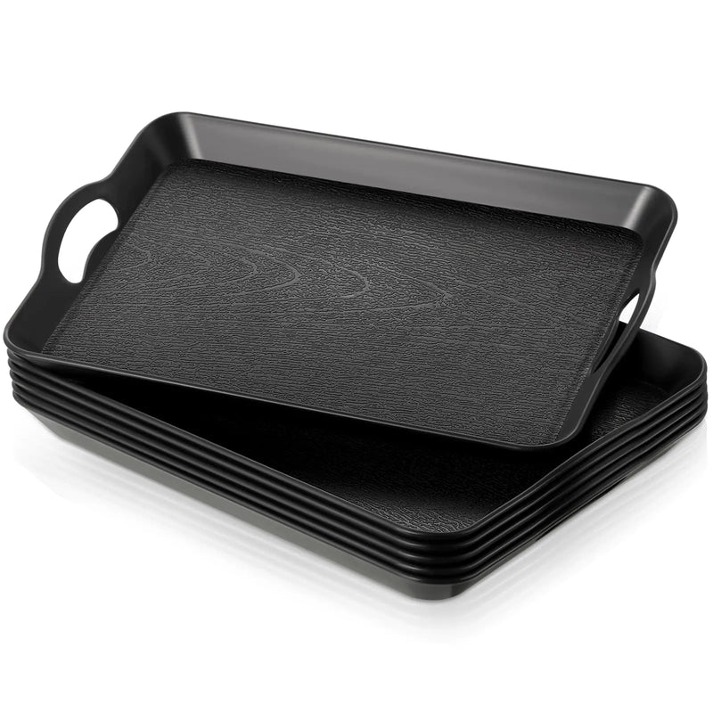6 Pcs Serving Trays with Handles Trays for Eating 16 x 11 Inch Multi Purpose Plastic Tray Rectangular Anti Skid Decorative Food Tray for Restaurant Breakfast Countertop Party Kitchen (Black)