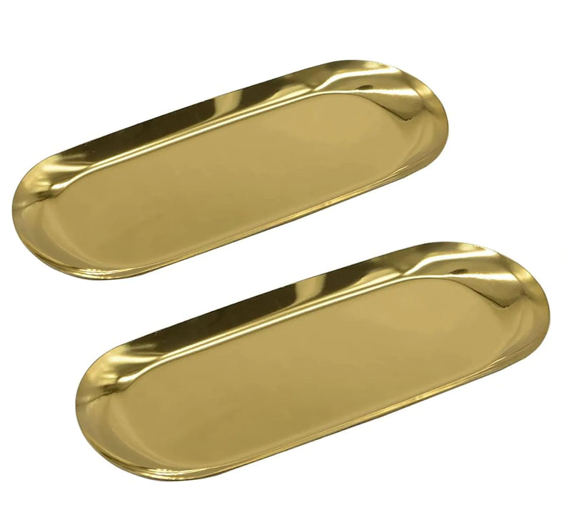 9 Inch x 3.8 Inch Trinket Tray Gold Oval Stainless Steel Small Serving Trays Towel Storage Plate Tea Fruit Trays Jewelry Plate Decorative Storage Tray (2 Gold Medium)