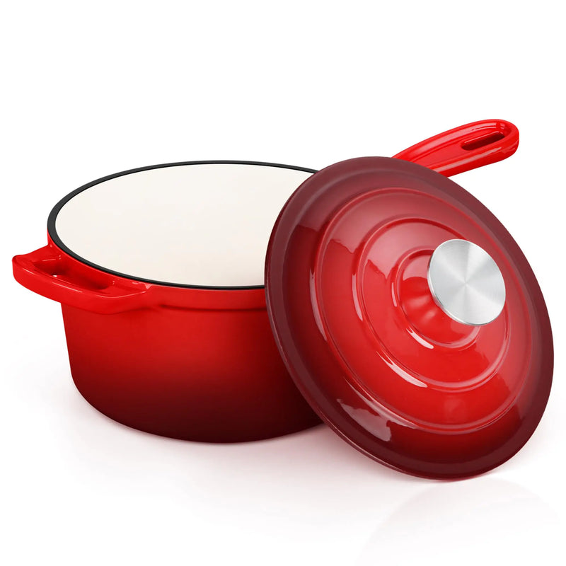 E-far Enameled Cast Iron Sauce Pan 2 Quart Dutch Oven Saucepan with Lid Small Sauce Pot for Cooking Boiling Healthy & Non Toxic Induction & Oven Safe Red
