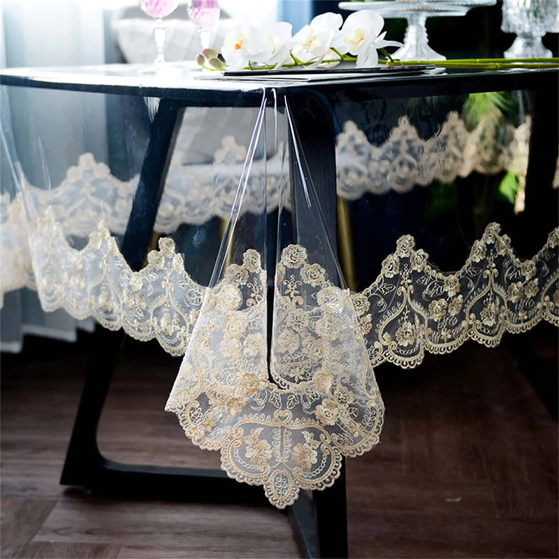 Clear Plastic Waterproof Tablecloth Vinyl PVC Round Table Cloth with Lace Macrame Oil Spill Proof Table Cover for Dining Tables Parties and Holidays (Beige Round - 70 Inch)