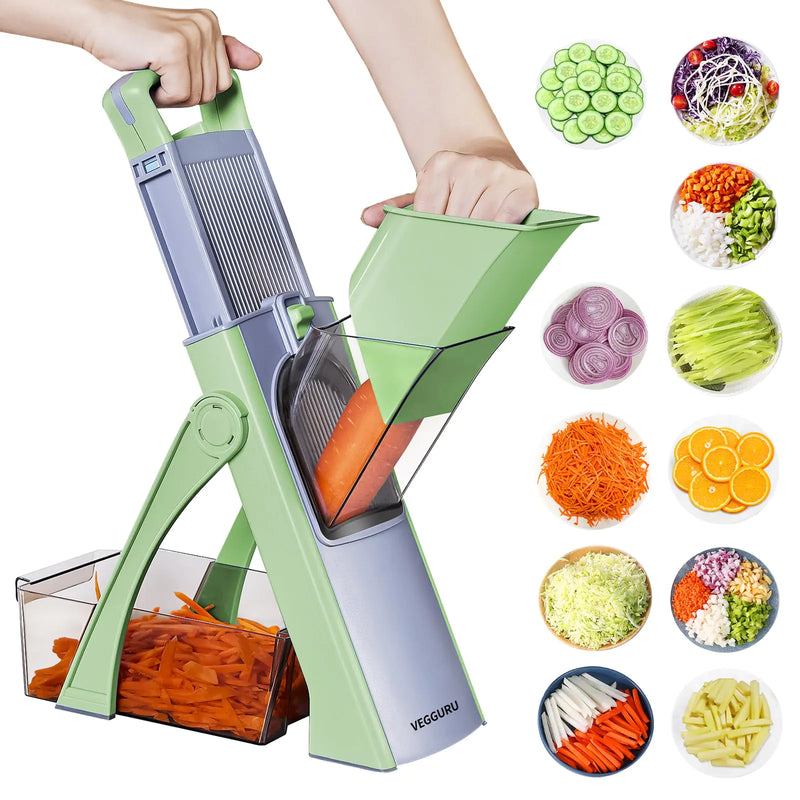 VEGGURU Safe Mandoline Slicer For Kitchen Thickness Adjustable Vegetable Food chopper 5 in 1 Potato Slicer Food Fruit Julienne Cutter For Home Fast Meal Prep