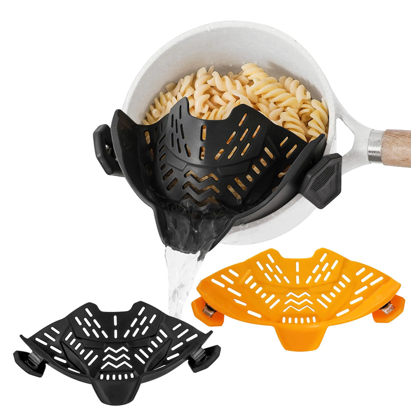 ASMEFY 2 Pcs Clip On Strainer Pot Strainer for Pasta Vegetables Fruit and Meat- Kitchen Silicone Strainer Colander for All Pots Pans and Bowls (BlackOrange)
